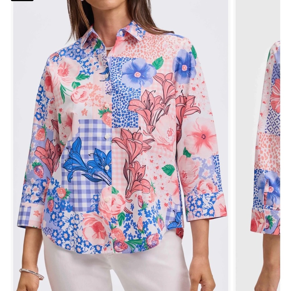 Foxcroft June Mix Print Springtime Collage Patchwork 3/4 Sleeve Cotton Shirt 16